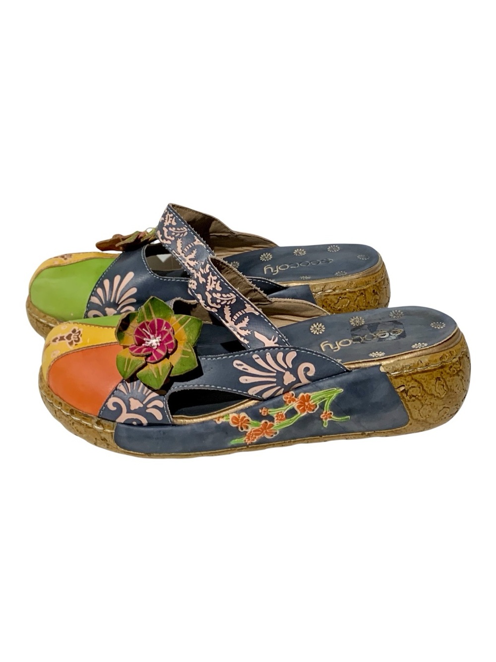 Women’s Socofy Handcrafted Leather Patchwork Boho Mules Size 8
